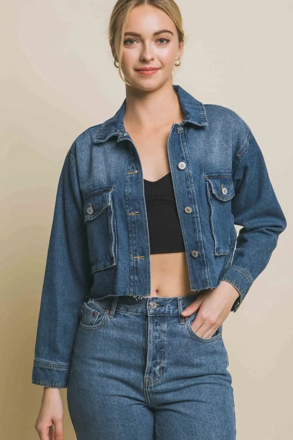 Trendsi Love Tree Denim Jacket Women's Cropped Raw Hem Button Up Outerwear - Trendy Style