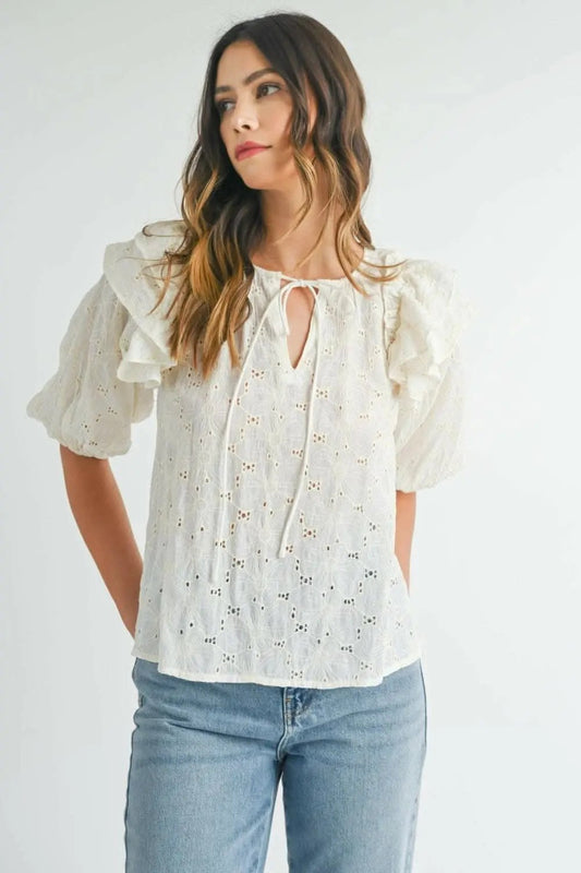 Trendsi MABLE Eyelet Lace Ruffle Shoulder Puff Sleeve Blou