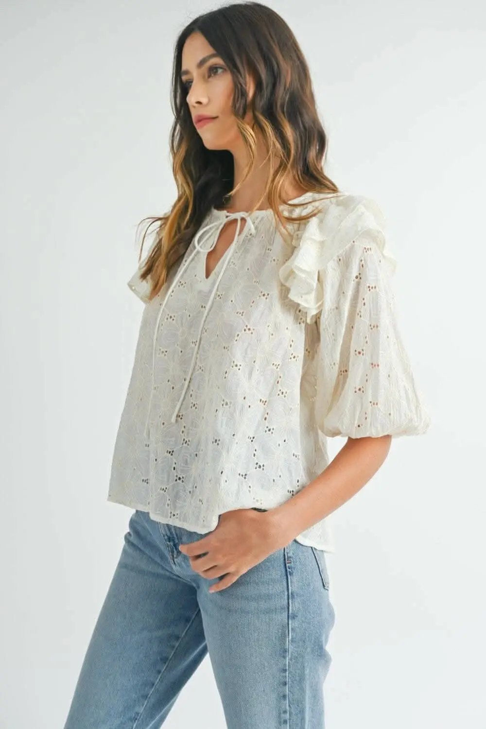 Trendsi MABLE Eyelet Lace Ruffle Shoulder Puff Sleeve Blou