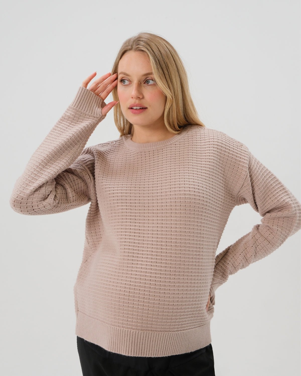 Button-Shoulder Maternity & Nursing Sweater w/Thumbhole Feature