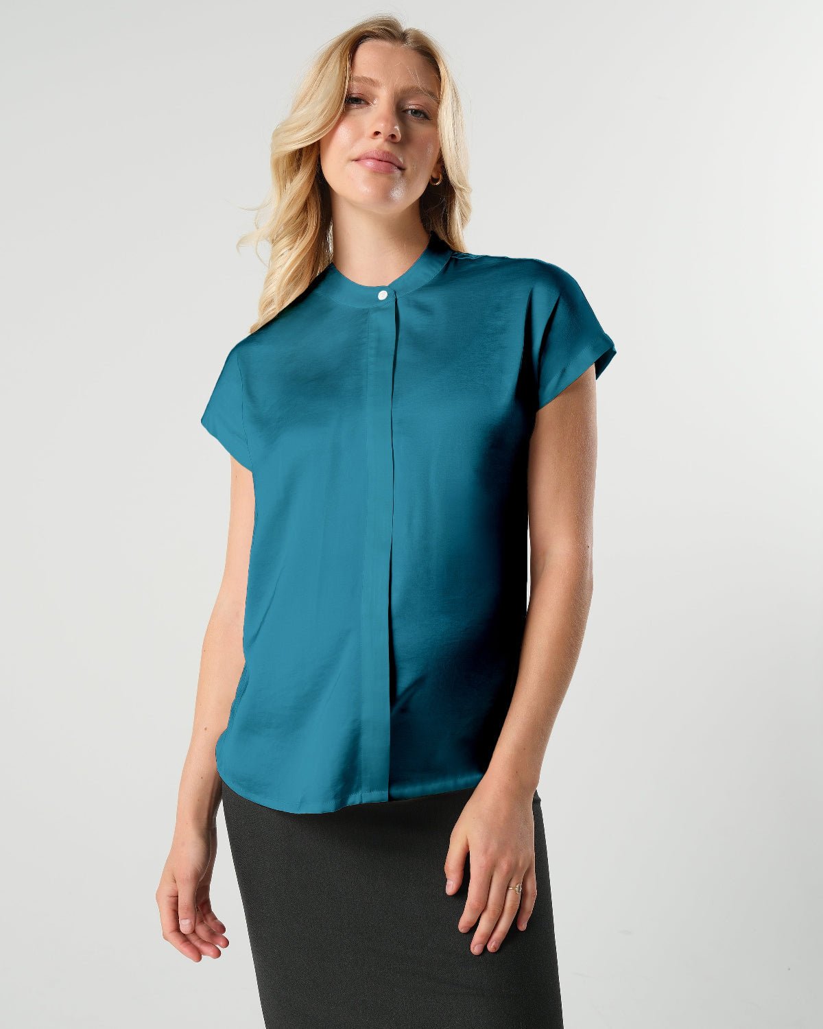 Short Sleeve Satin Maternity Shell Top with Concealed Nursing Zip