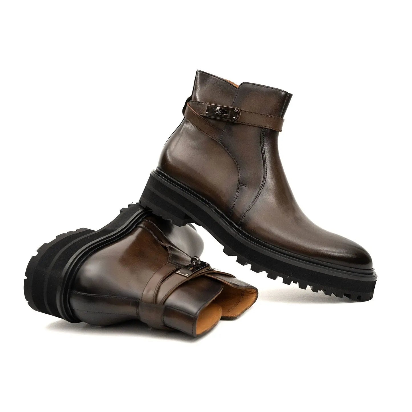 Men's Coffee Calfskin Buckle Chelsea Boots