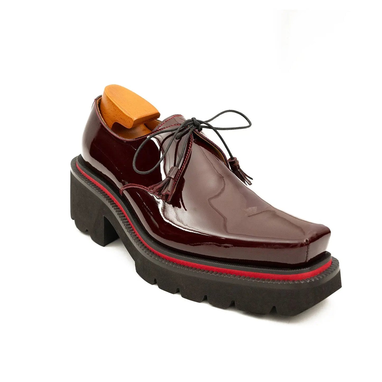 Men's Patent Leather Wine Red Derby Shoes with Chunky Sole