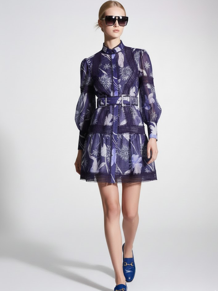 Midnight Blue Mini Dress with Snowflake Print and Guipure Lace • BYMANYC ® New York