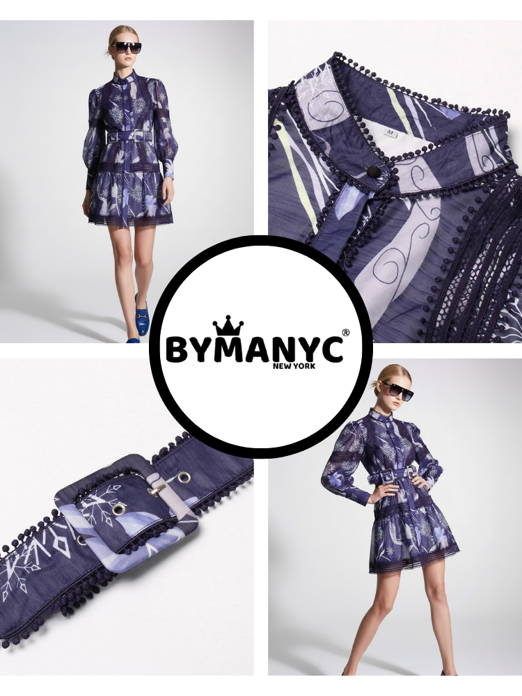 Midnight Blue Mini Dress with Snowflake Print and Guipure Lace • BYMANYC ® New York