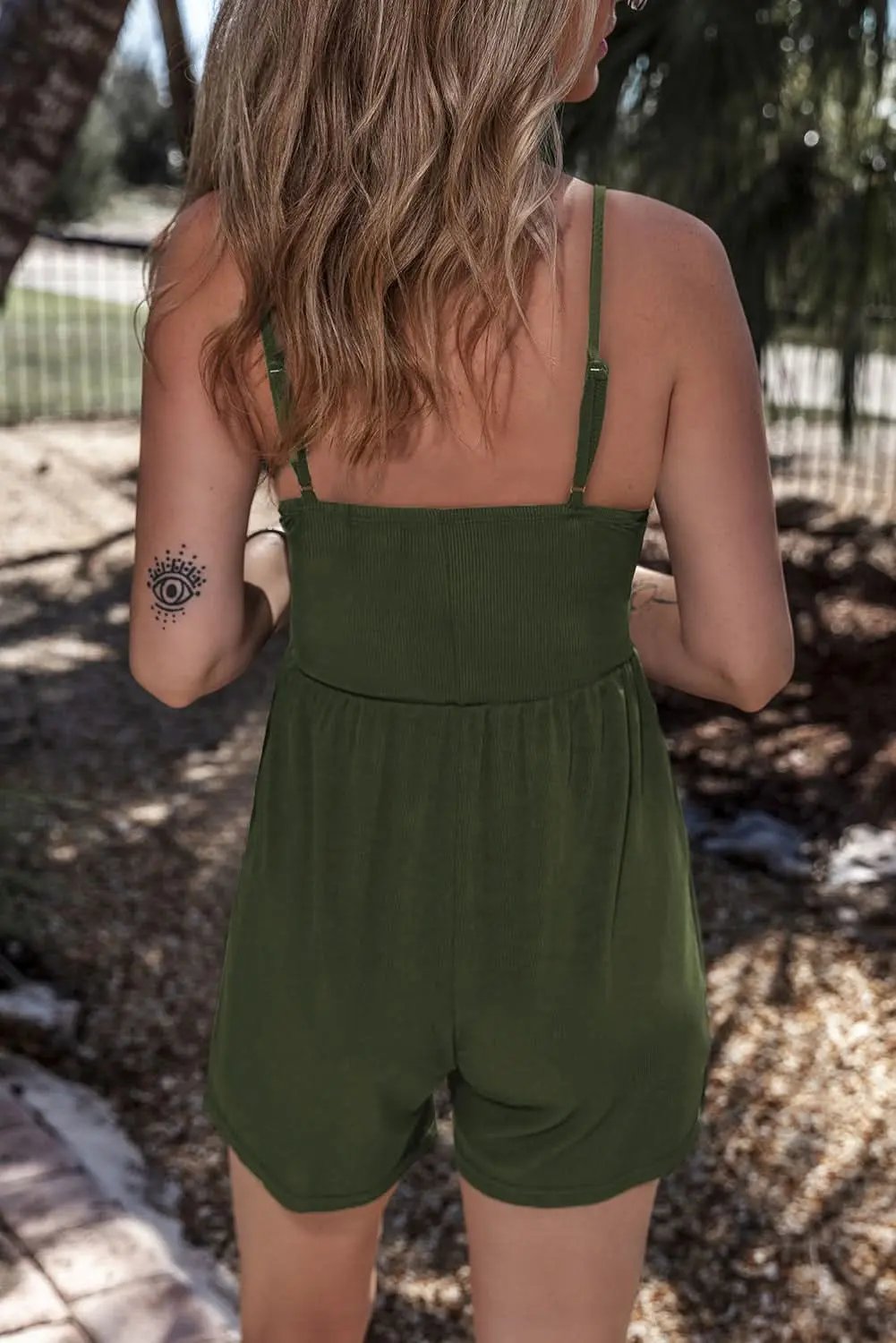 Love Salve Moss Green Ribbed Romper Women's Daily Casual Jumpsuit, Cinched Waist