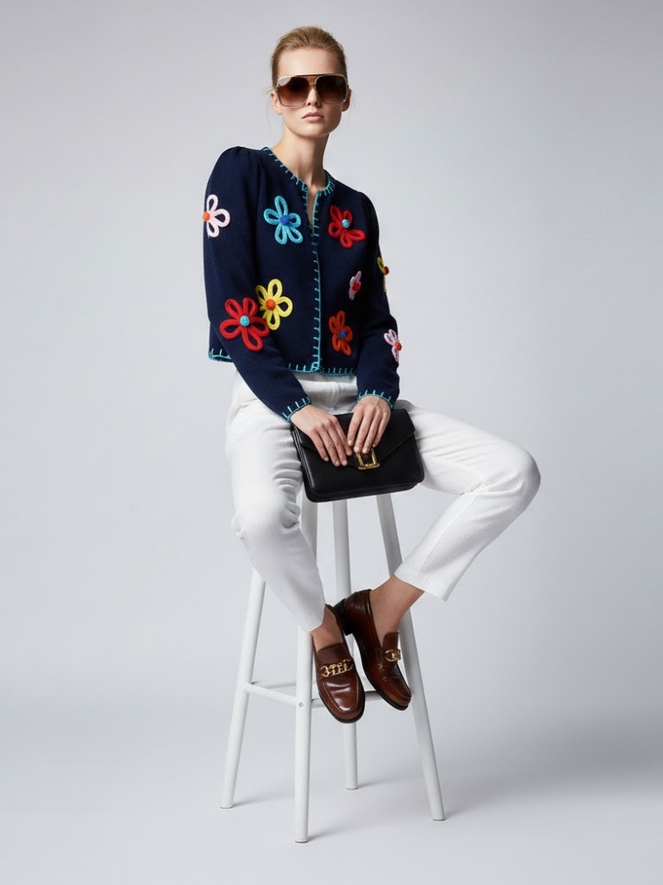 Navy Knit Jacket with 3D Flowers and Contrast Stitching • BYMANYC ® New York