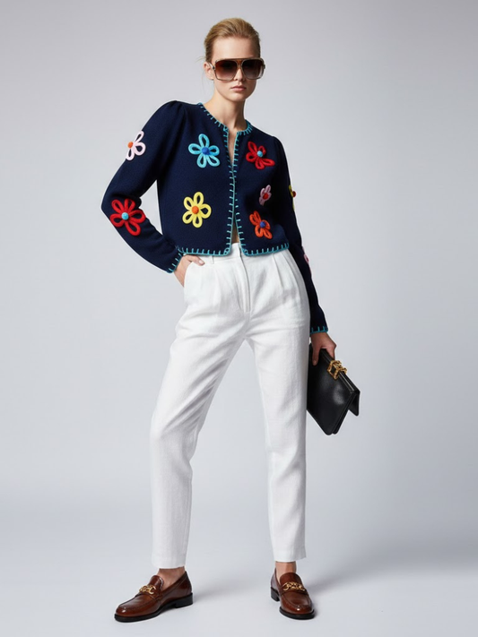 Navy Knit Jacket with 3D Flowers and Contrast Stitching • BYMANYC ® New York
