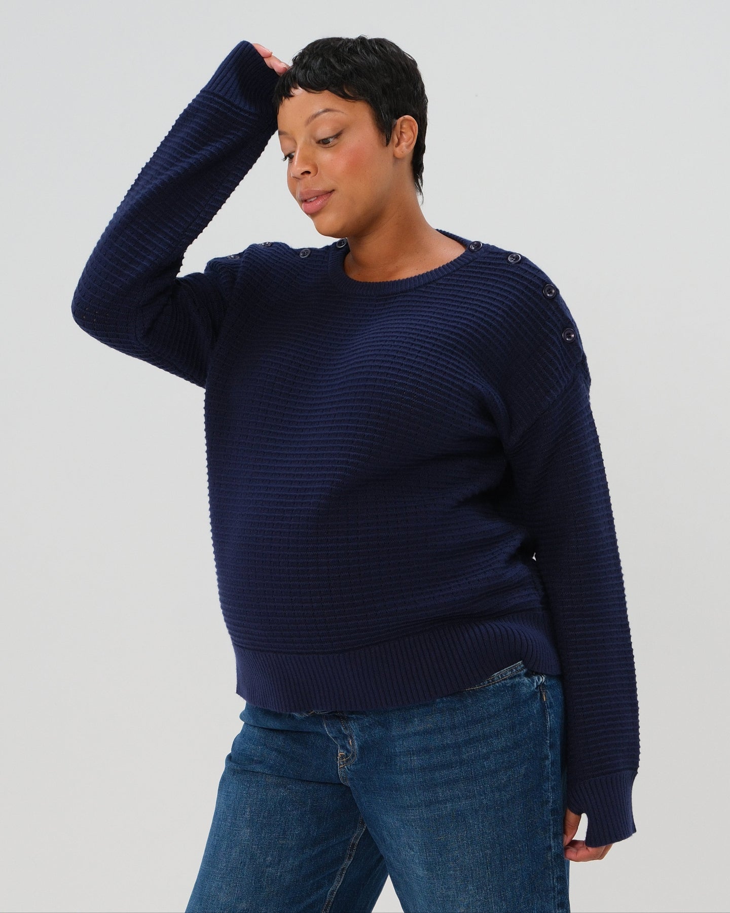 Button-Shoulder Maternity & Nursing Sweater w/Thumbhole Feature