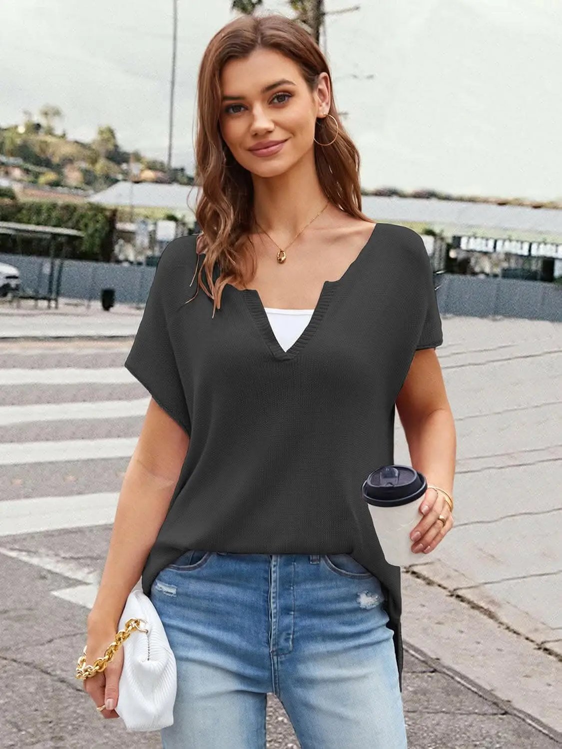 Trendsi Notched neckline short sleeve top