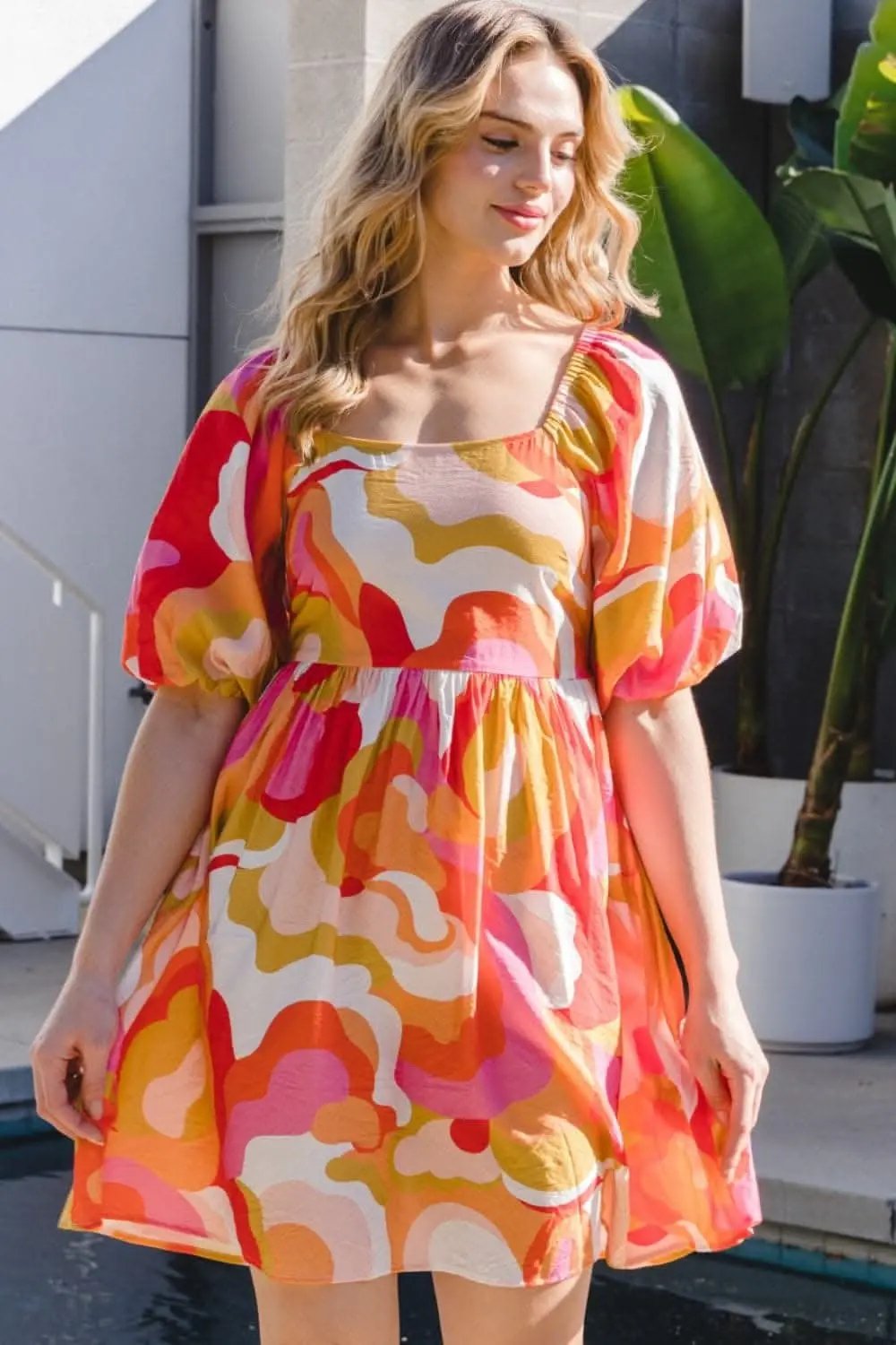 Trendsi ODDI Printed Mini Dress Women's Casual Short Sleeve Tied Back Dress - Ship from USA