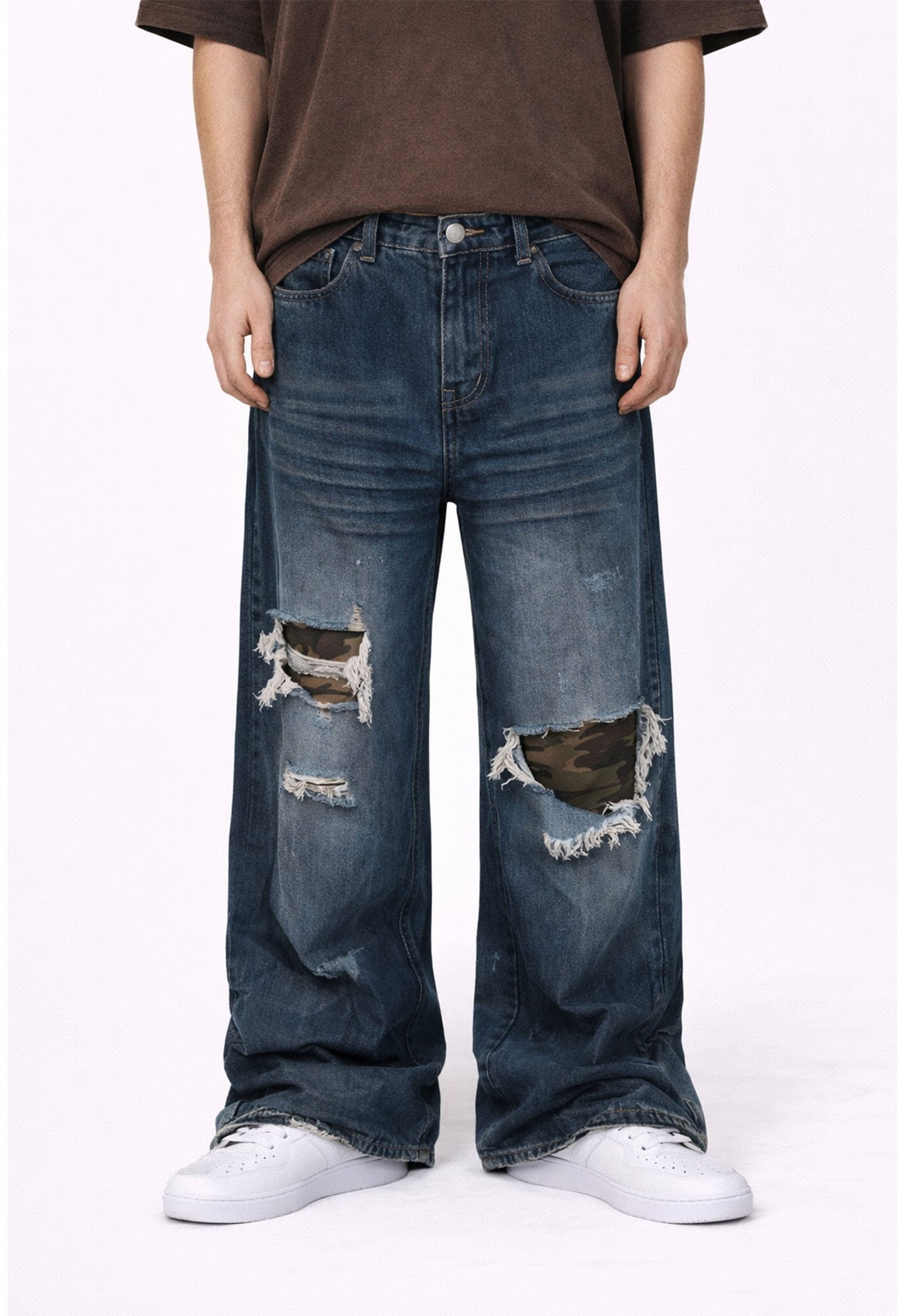 AZUL DISTRESSED CAMO PATCHWORK DENIM