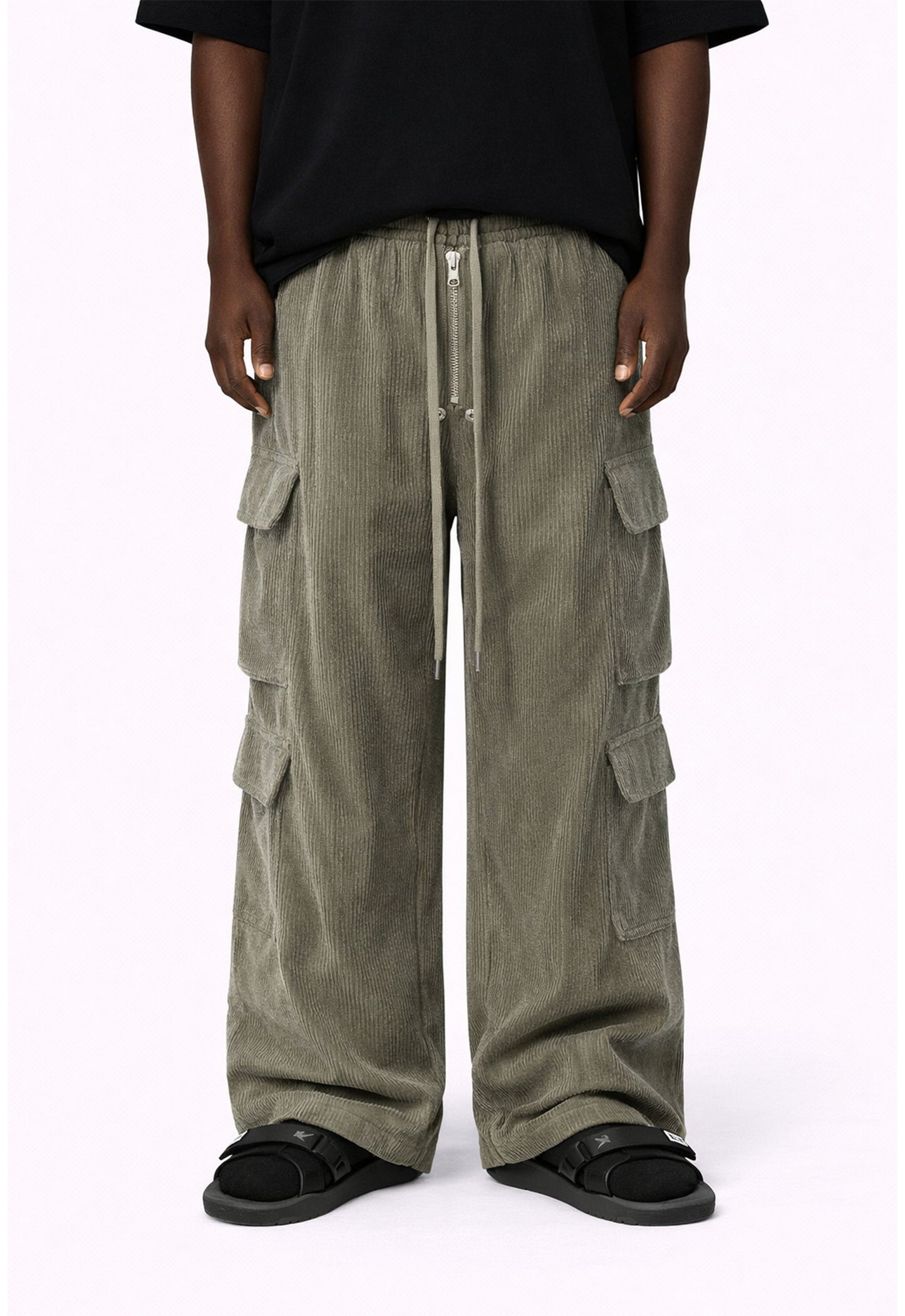 GREY CORDUROY DRAWSTRING CARGO PANTS