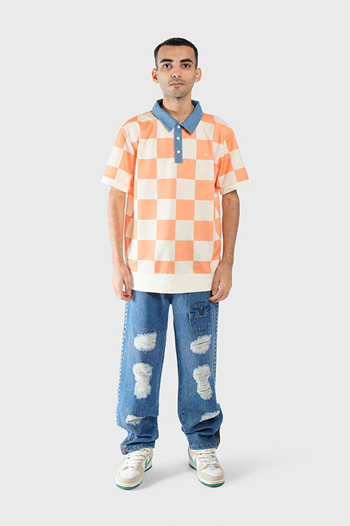 Denim Collar Checkered Polo