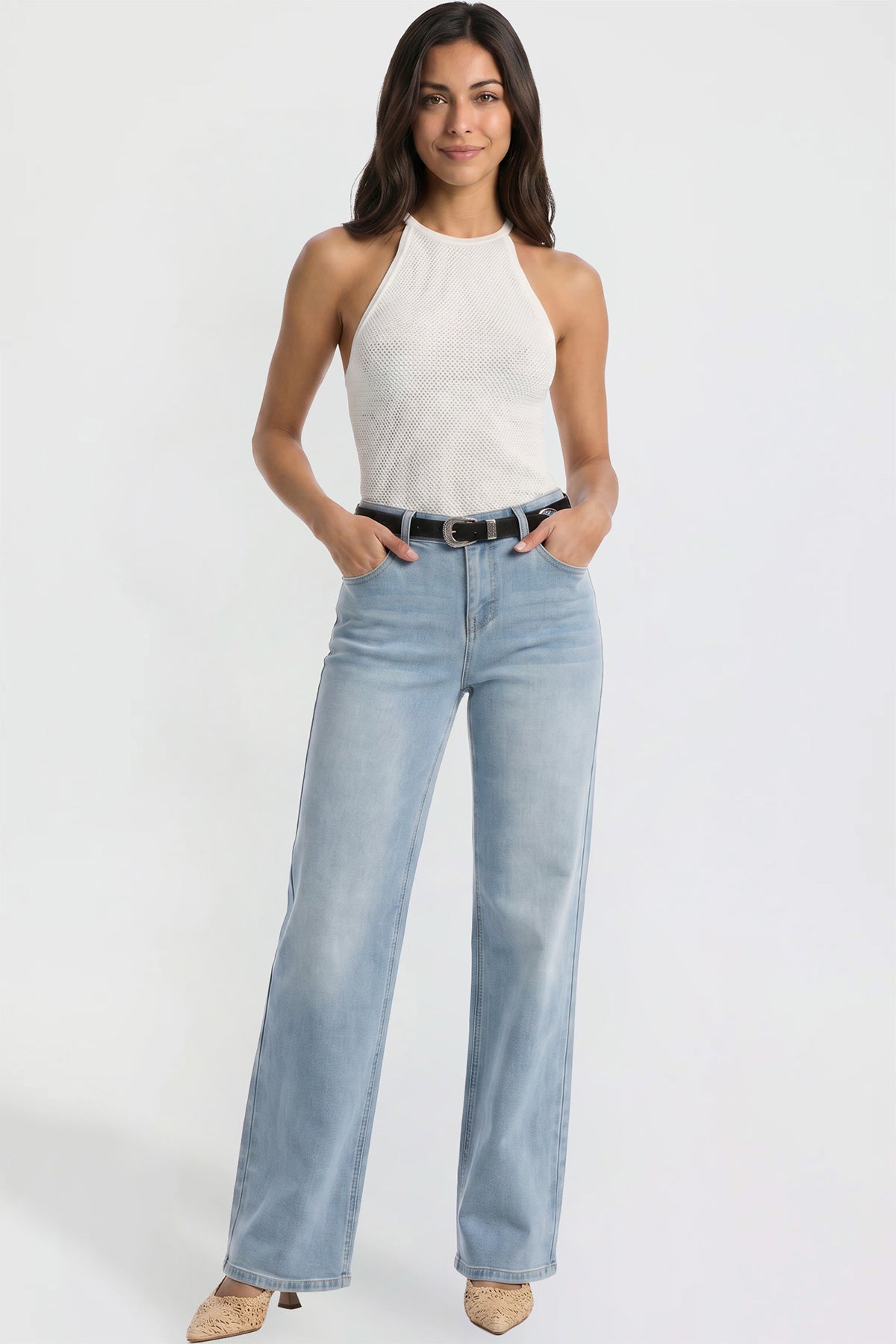Women's Britney Belted Wide Leg Jeans
