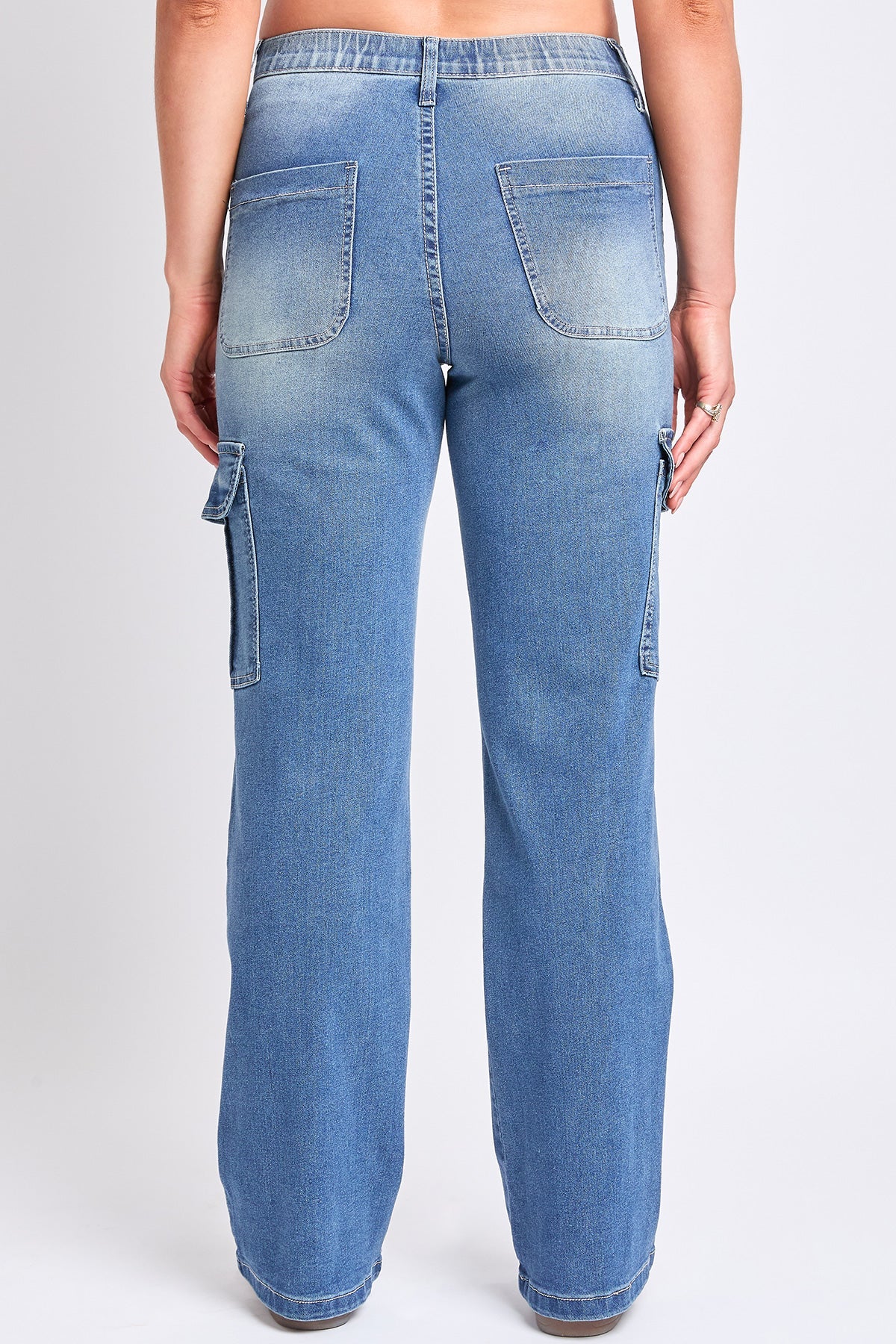 Women's High Rise Elastic Waist Cargo Straight  Jeans