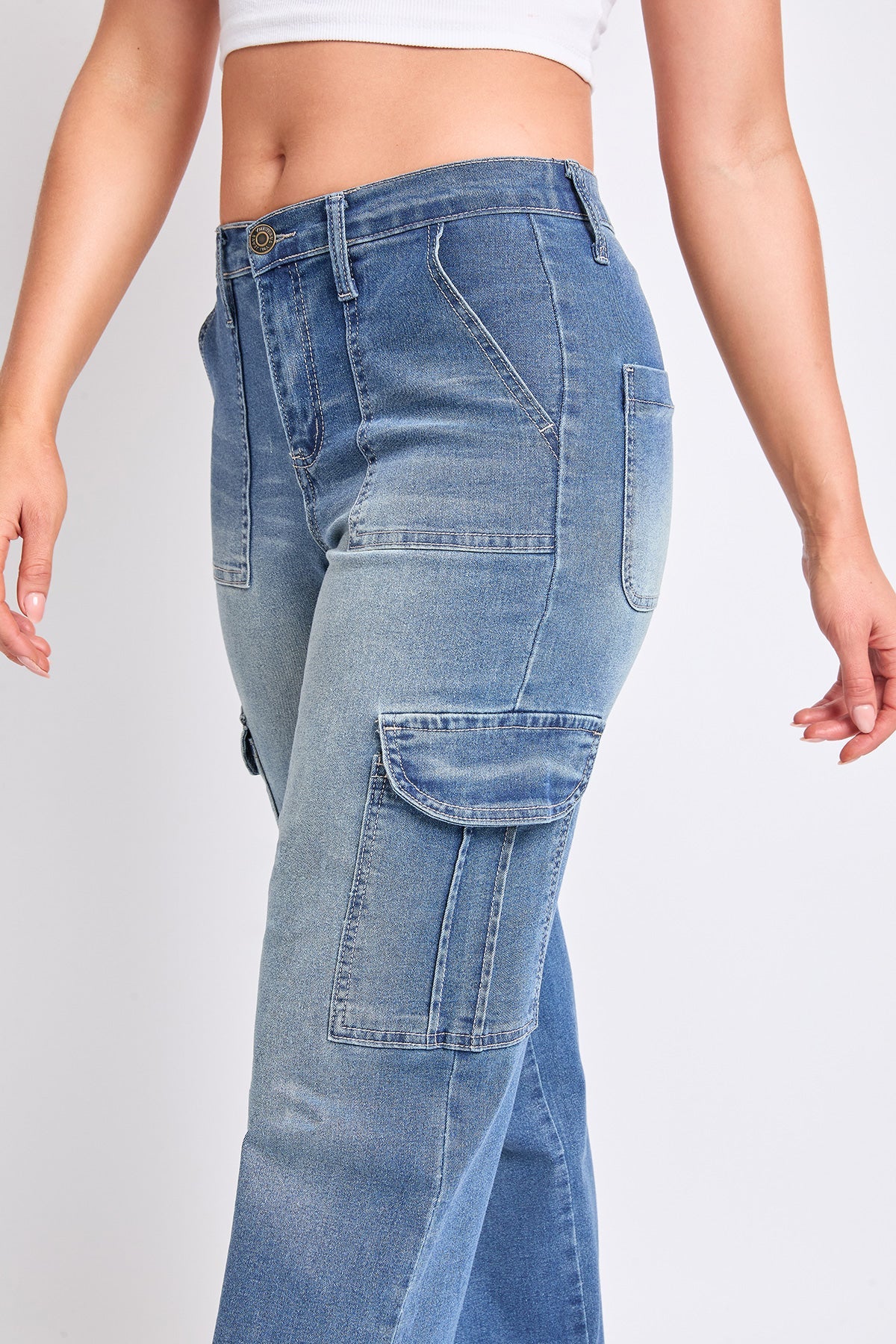 Women's High Rise Elastic Waist Cargo Straight  Jeans
