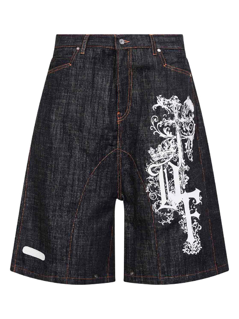 Printed Denim Biker Shorts
