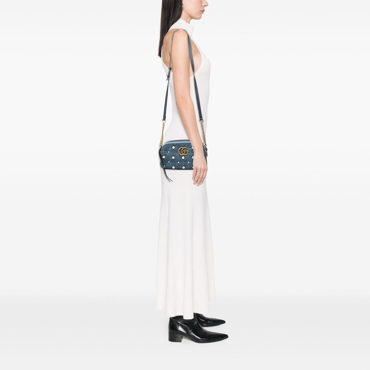 Crossbody Bag GG Marmont Pearl Studded Denim (Pre-Owned)