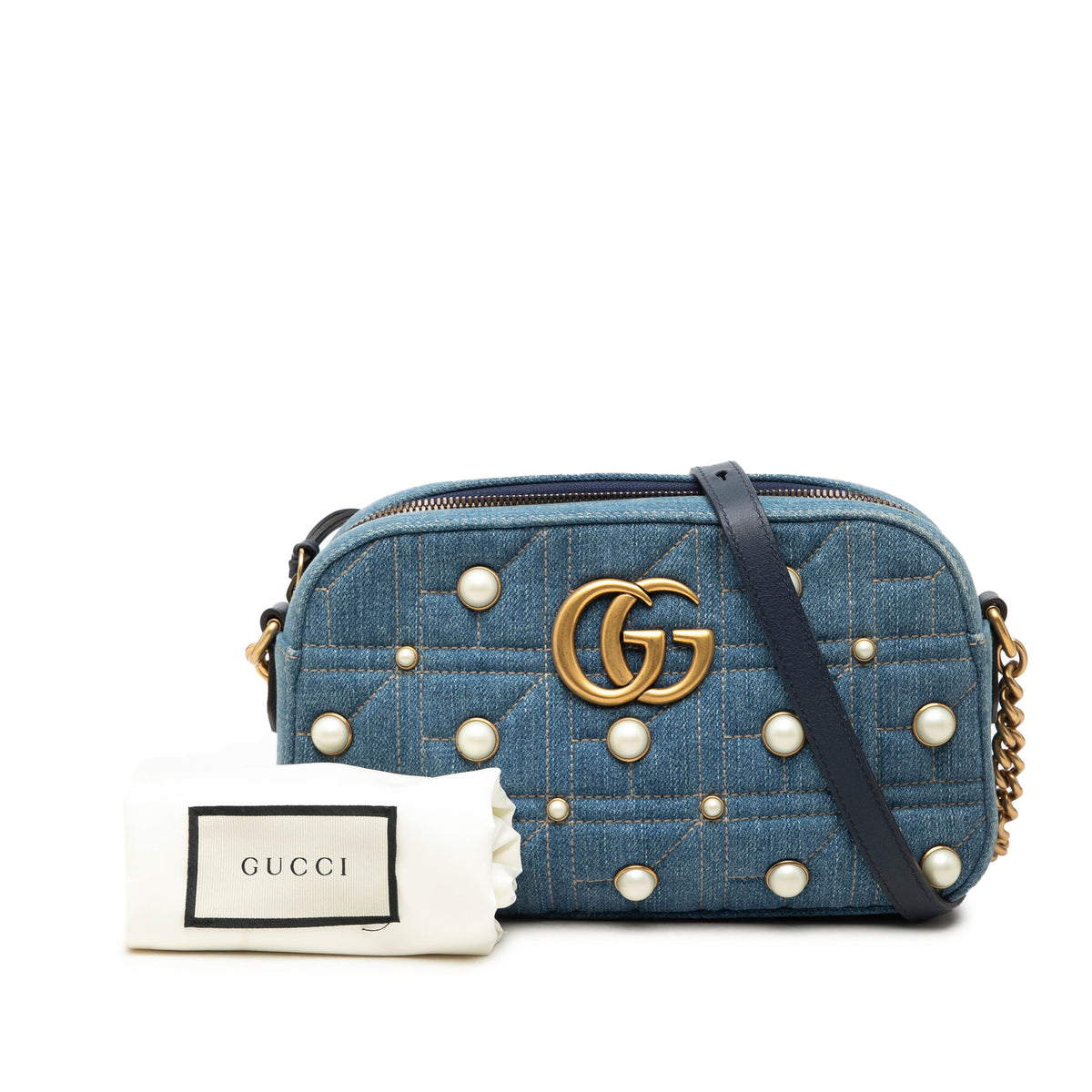 Crossbody Bag GG Marmont Pearl Studded Denim (Pre-Owned)