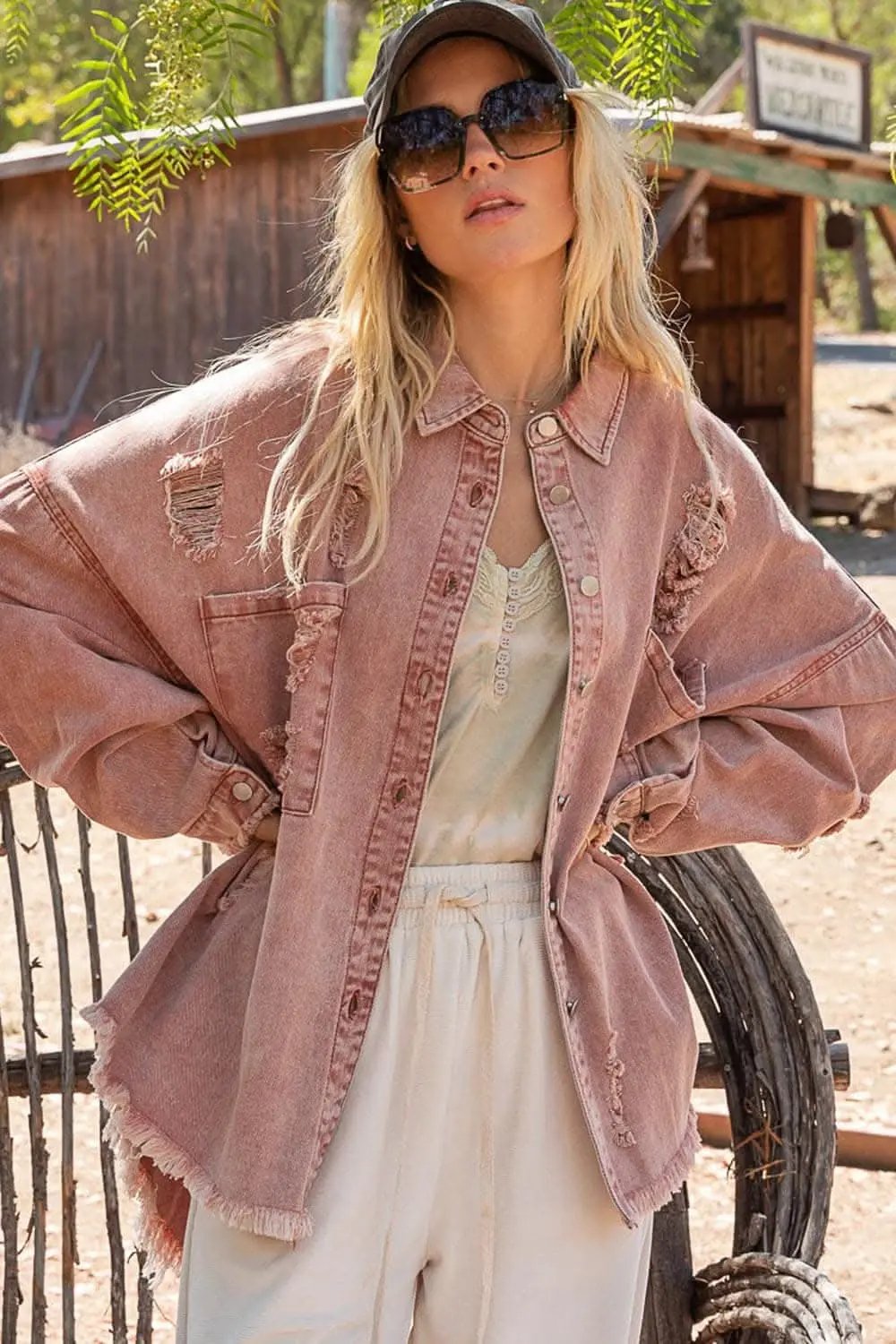 Trendsi Distressed Shacket Women's Casual Raw Hem Button Down Top USA Ship