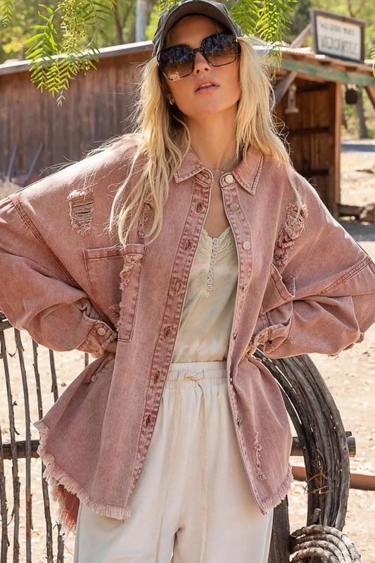 Trendsi Distressed Shacket Women's Casual Raw Hem Button Down Top USA Ship