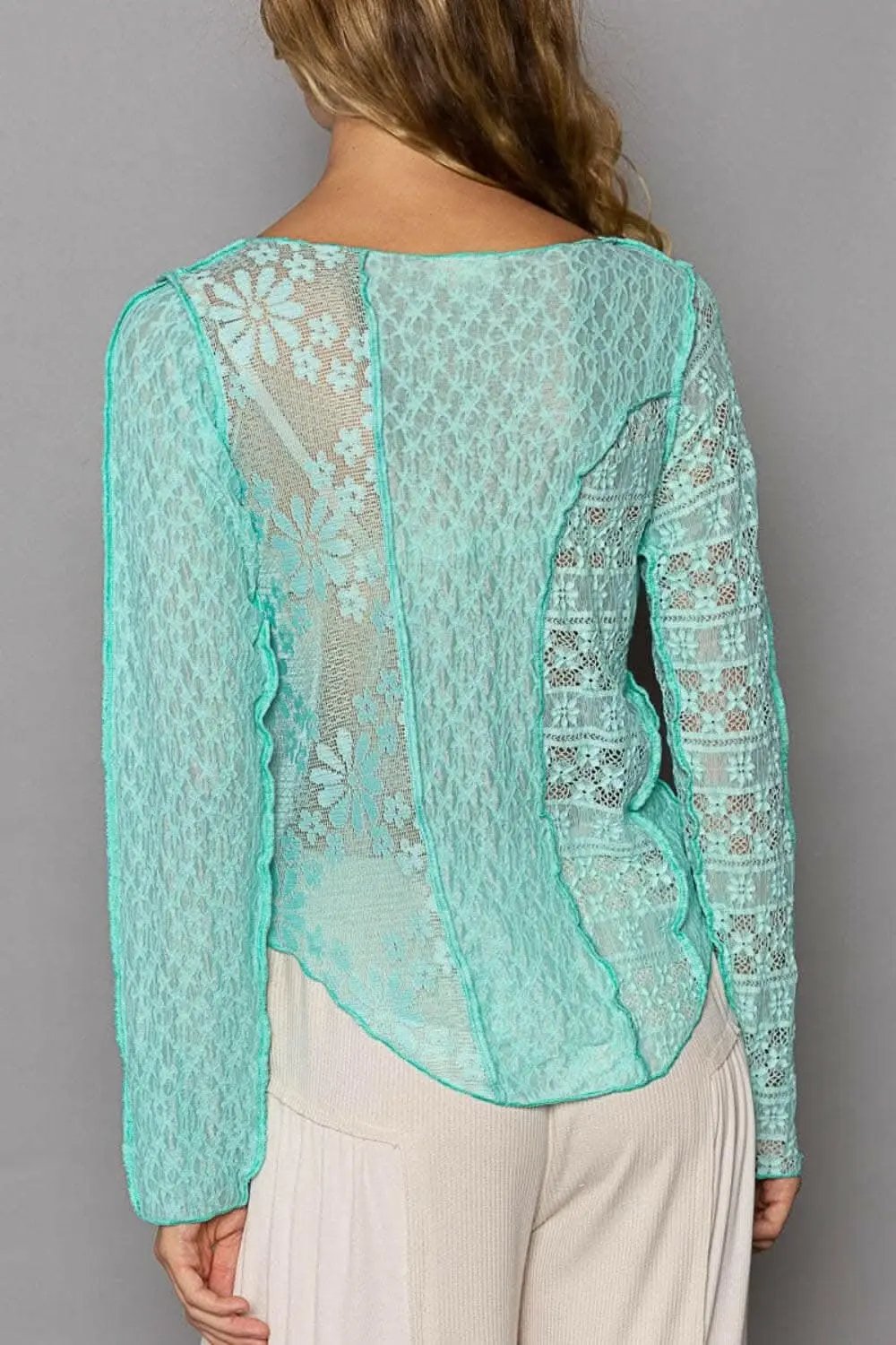 Trendsi usa - POL Exposed Seam Long Sleeve Lace Knit Top