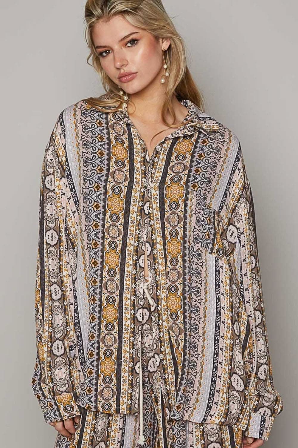 Women's Shirt - POL Printed Button Down - Casual Long Sleeve Top