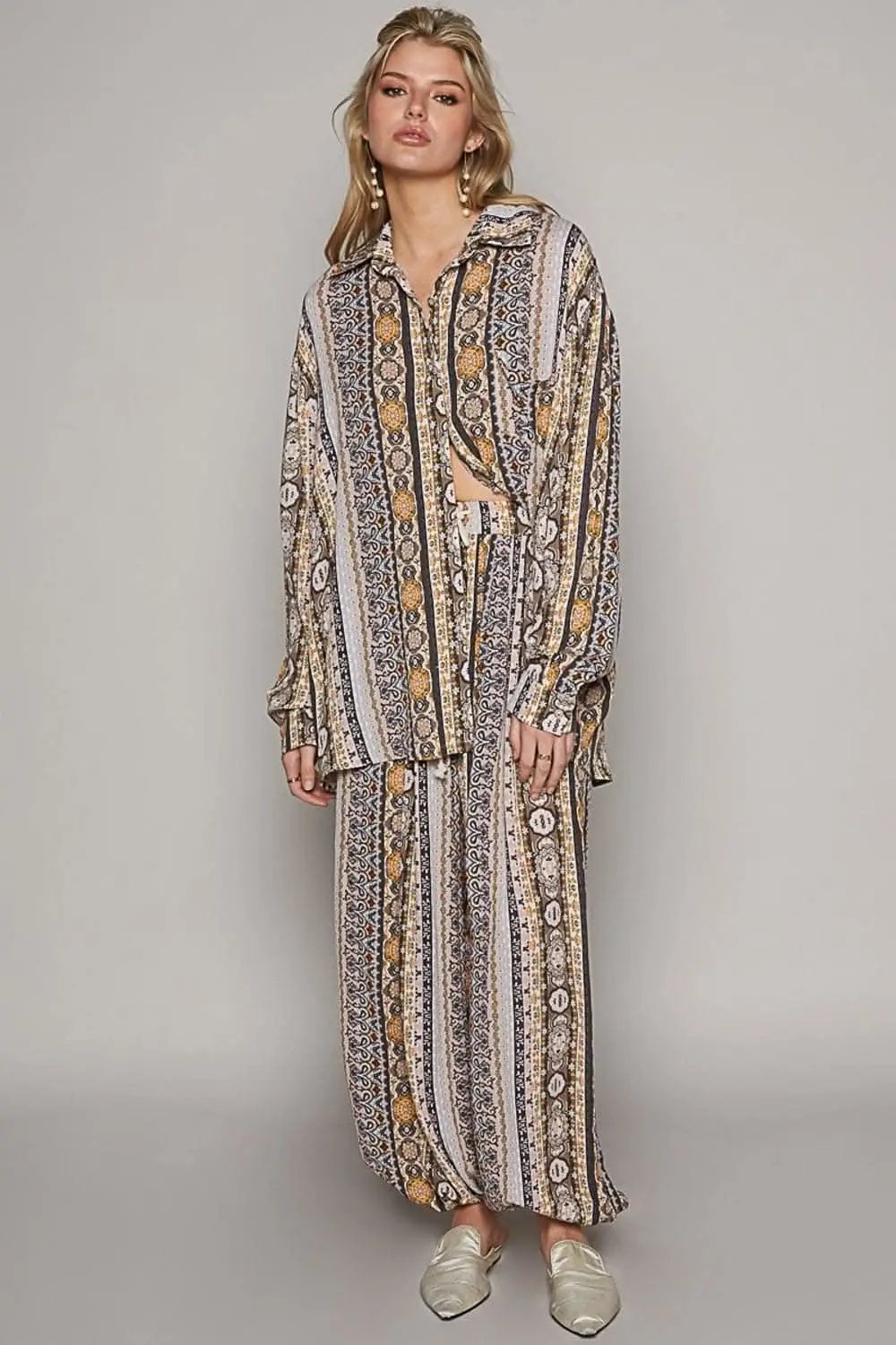 Women's Shirt - POL Printed Button Down - Casual Long Sleeve Top