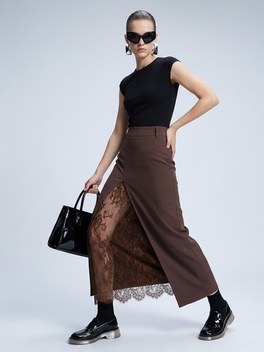 Women's Skirt Brown Maxi BYMANYC ® New York SOHO LACE SPLIT - New Collection