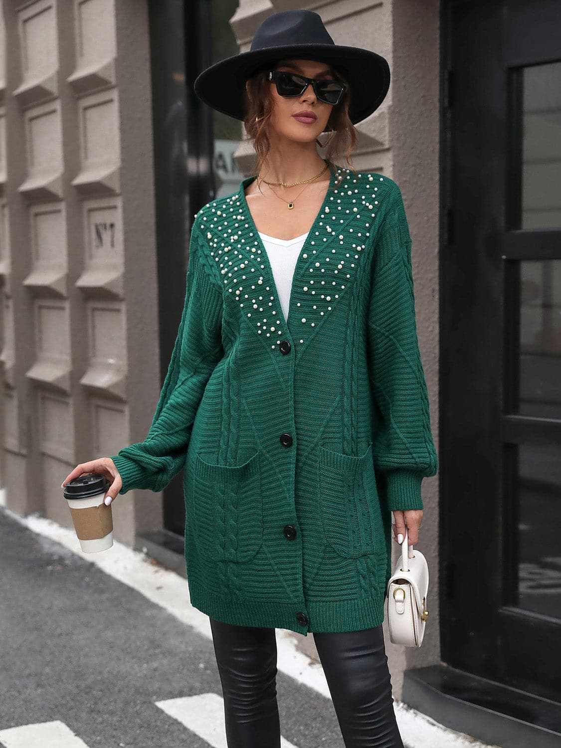 Trendsi Pearl Detail Cardigan Women's Elegant Cable-Knit Sweater Soft & Stylish