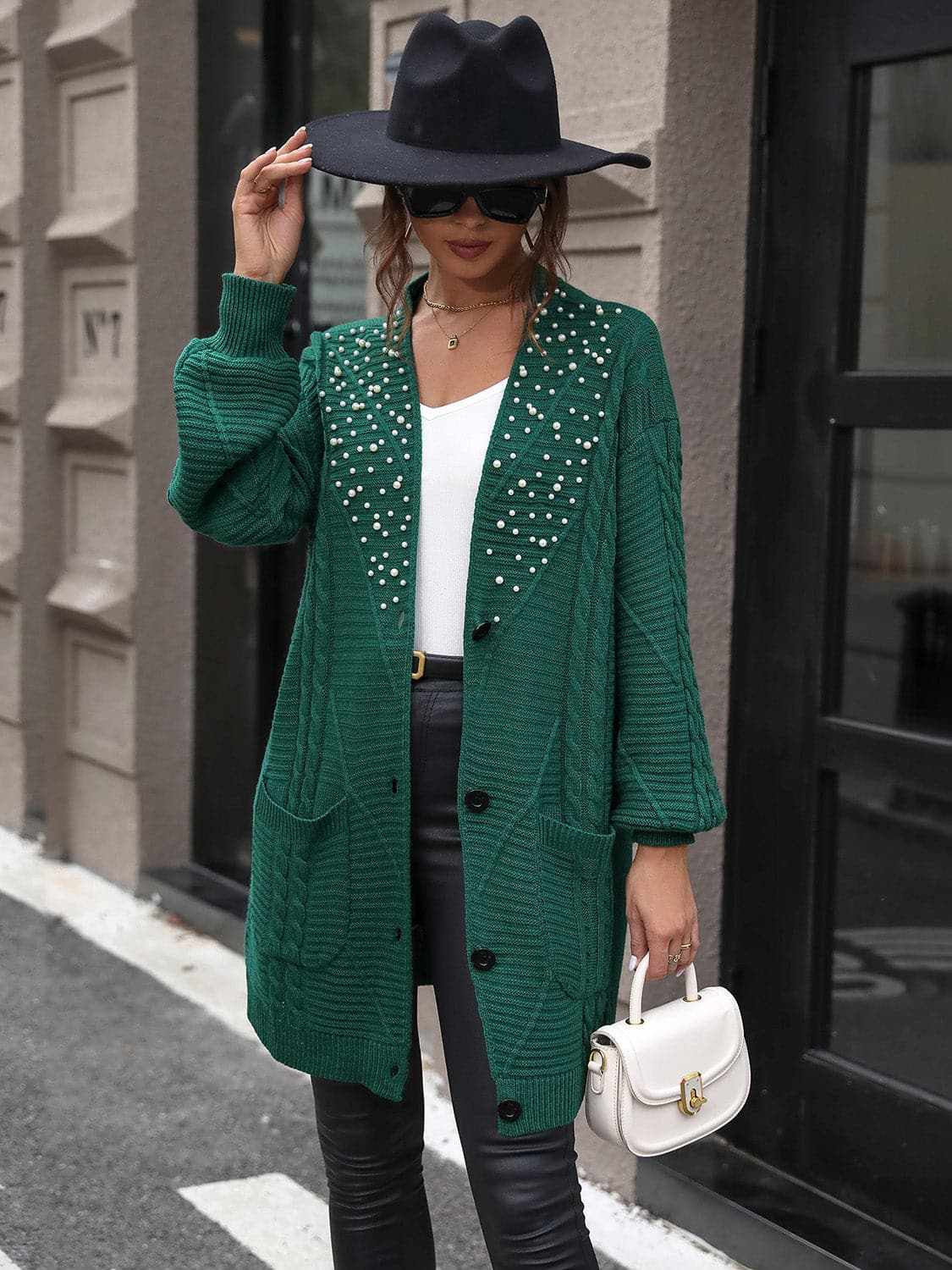 Trendsi Pearl Detail Cardigan Women's Elegant Cable-Knit Sweater Soft & Stylish