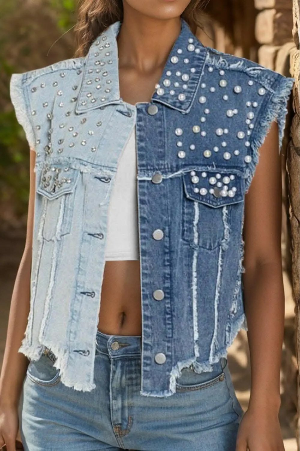 Trendsi Jeans & Denim Pearl detail denim vest for women