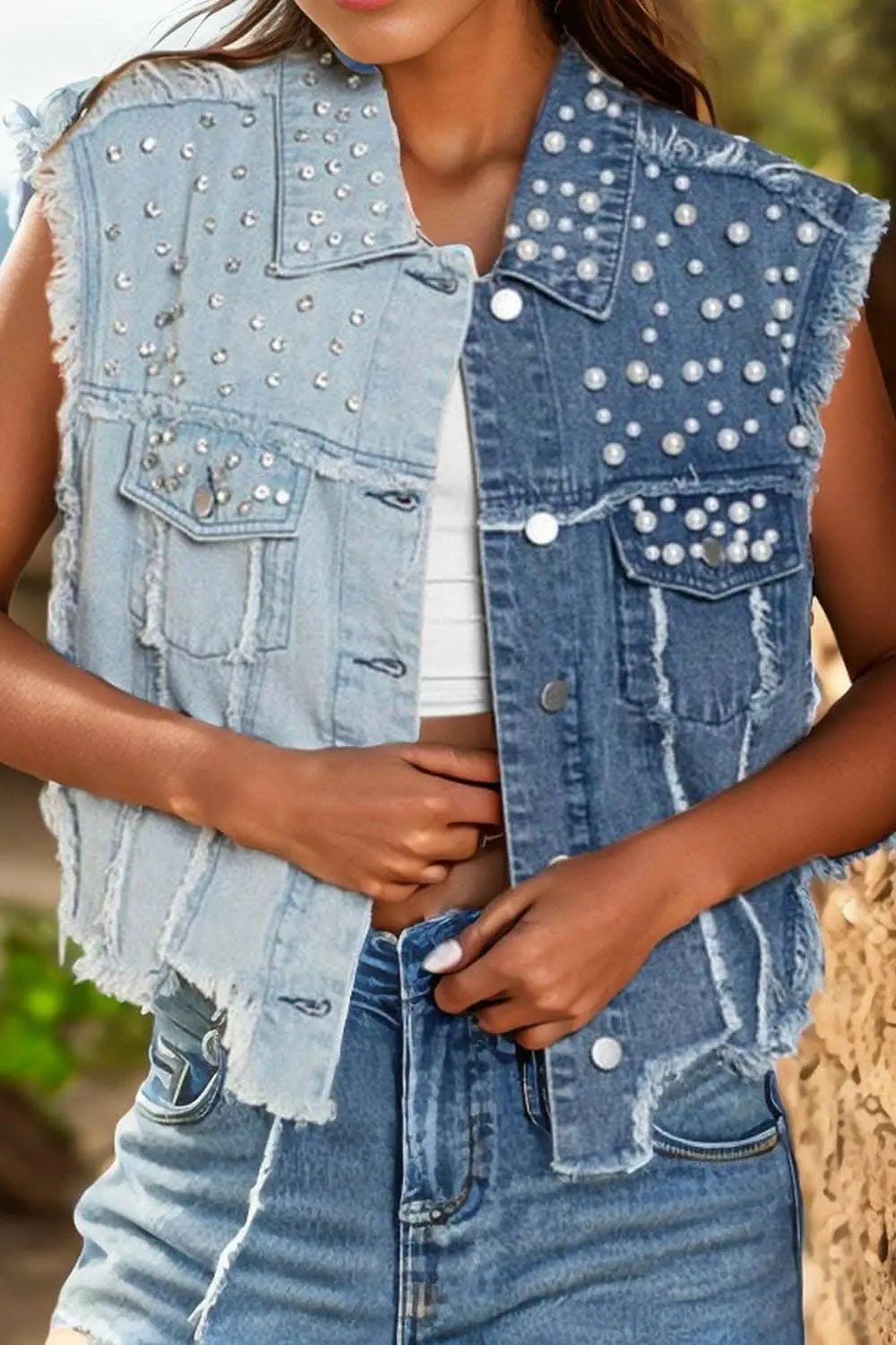Trendsi Jeans & Denim Pearl detail denim vest for women