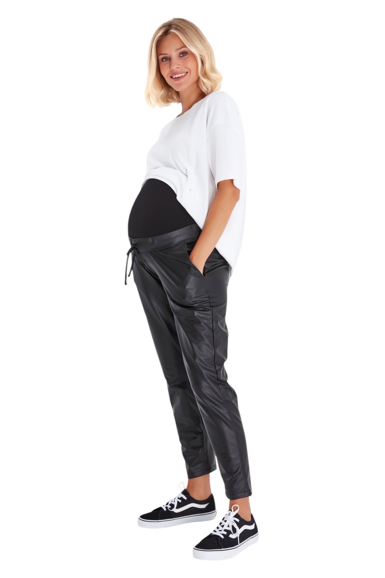 Comfy Cool Foldover Waistband Faux Leather Maternity Jogger Pants