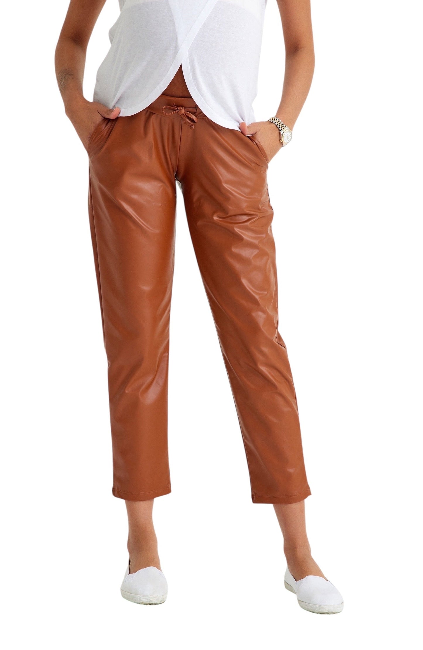 Comfy Cool Foldover Waistband Faux Leather Maternity Jogger Pants