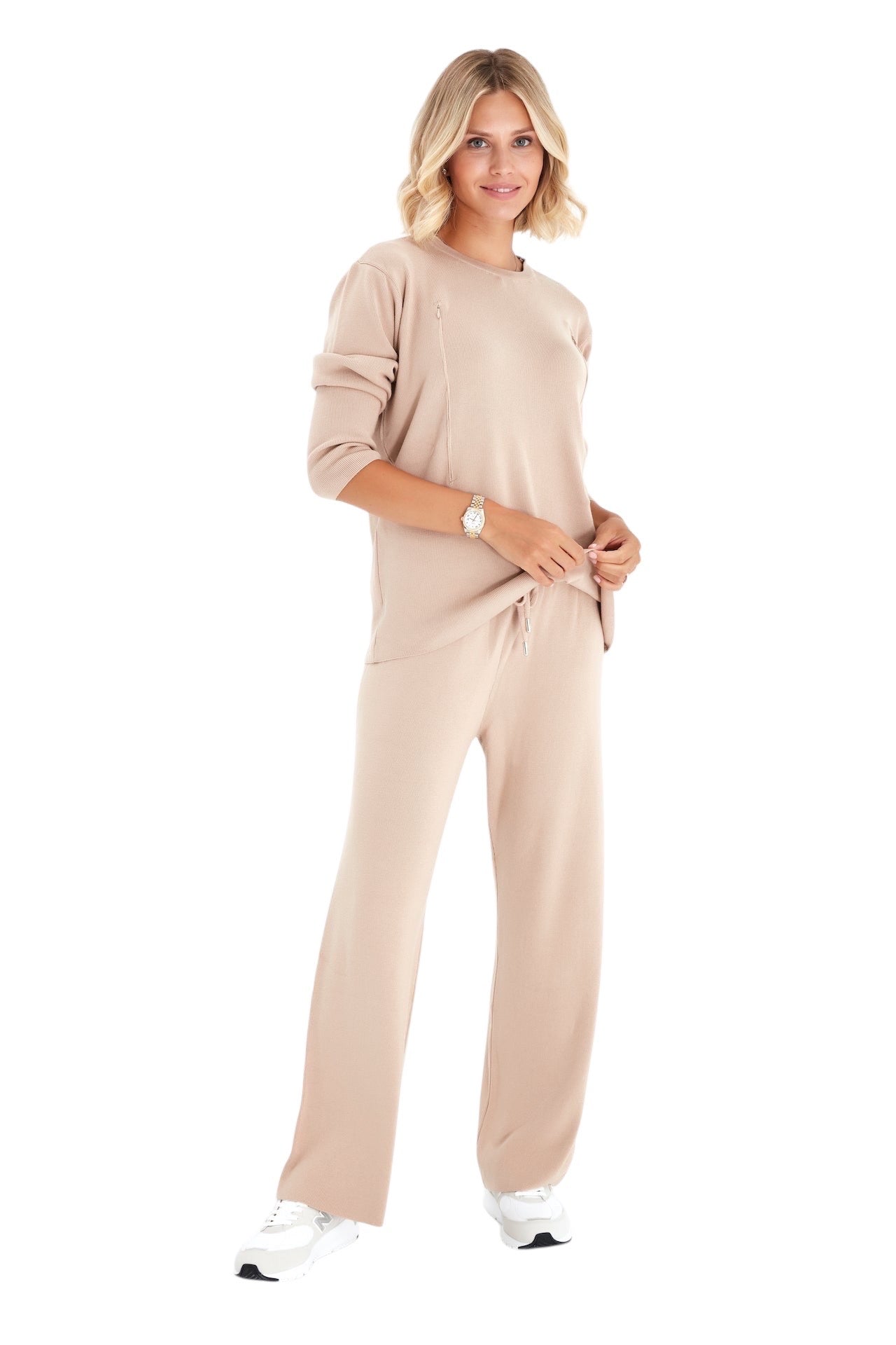 Effortless Elegance Set with Rib Side Zip Long Sleeve Maternity/Nursing Top & Lounge Pants