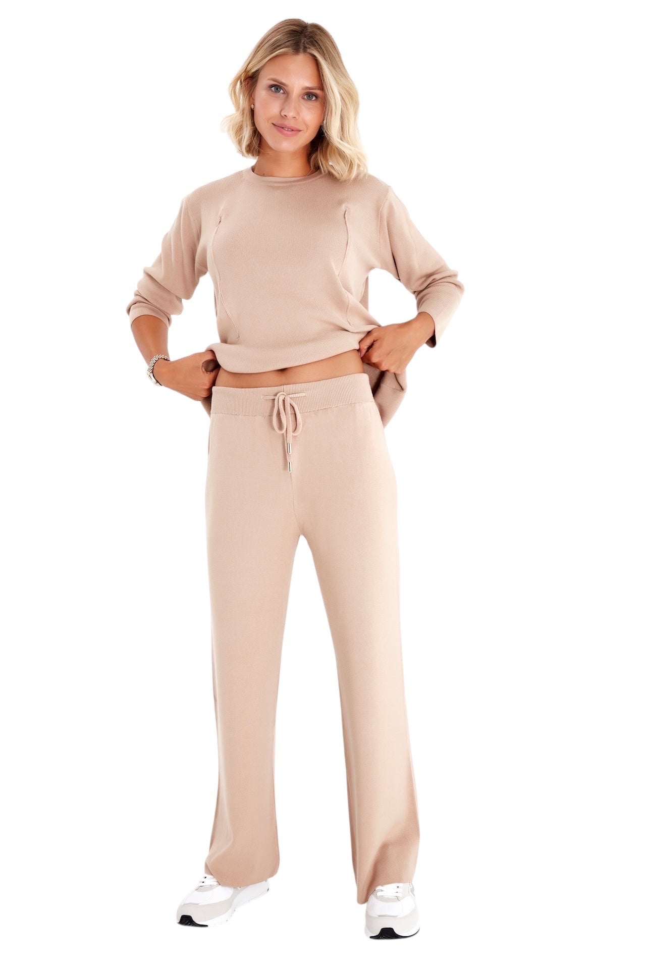 Effortless Elegance Set with Rib Side Zip Long Sleeve Maternity/Nursing Top & Lounge Pants