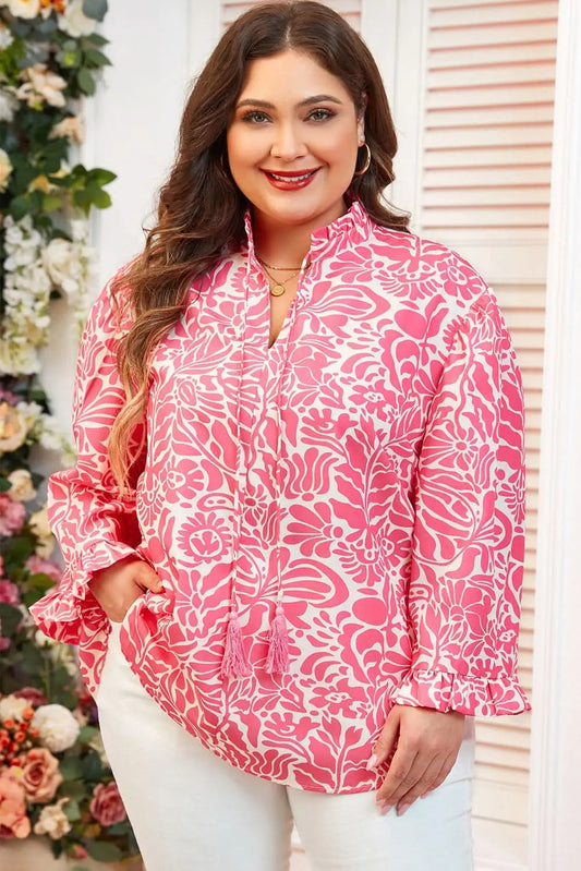 Love Salve Pink Floral Top Women's Plus Size Daily Wear Blouse Frilled Neck, Puff Sleeve