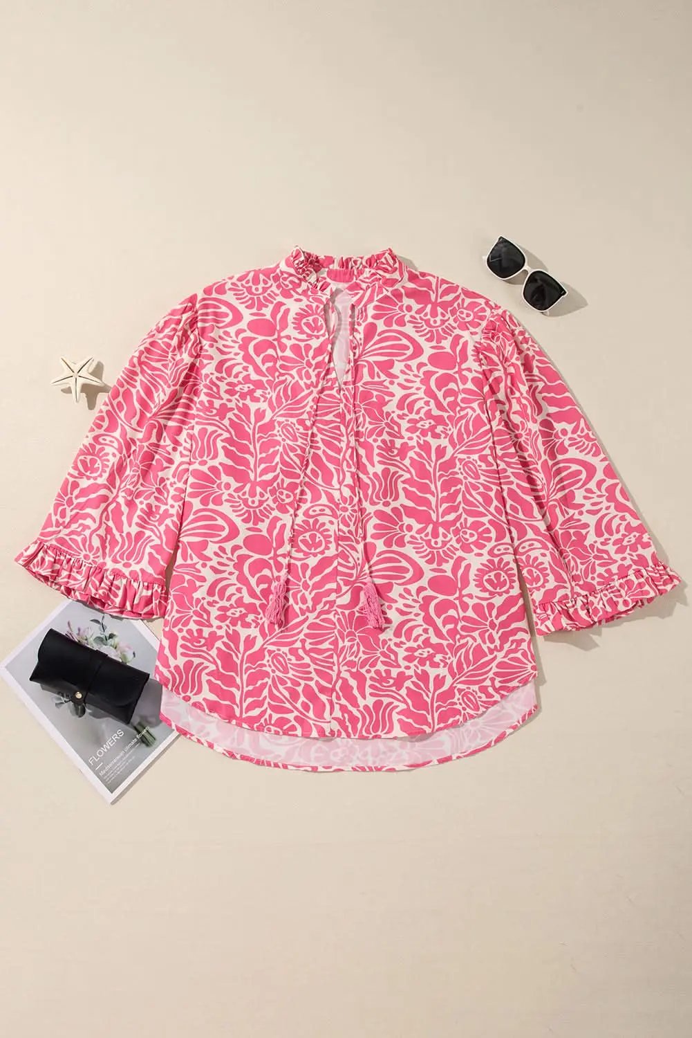 Love Salve Pink Floral Top Women's Plus Size Daily Wear Blouse Frilled Neck, Puff Sleeve