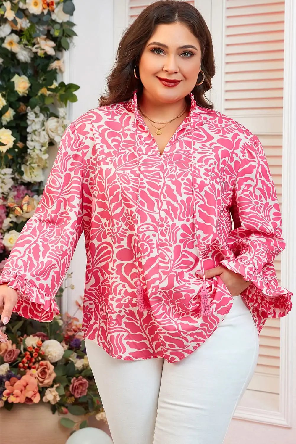 Love Salve Pink Floral Top Women's Plus Size Daily Wear Blouse Frilled Neck, Puff Sleeve