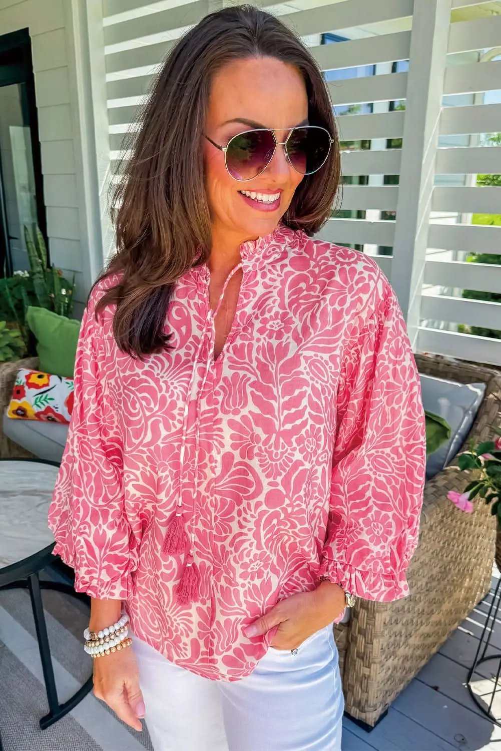 Love Salve Pink Floral Top Women's Plus Size Daily Wear Blouse Frilled Neck, Puff Sleeve