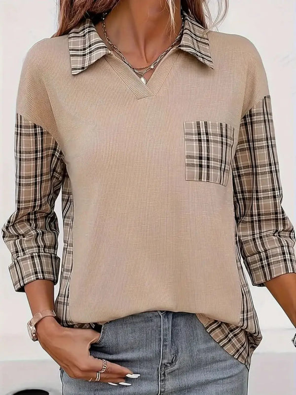 Trendsi Plaid Johnny Collar Women's Casual T-Shirt - Chic Design, Stylish Top
