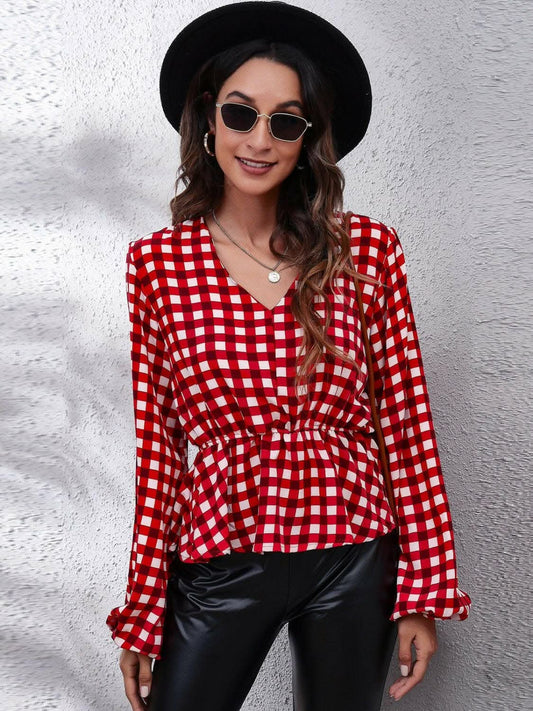 Blouse - Plaid V-Neck - Peplum Style