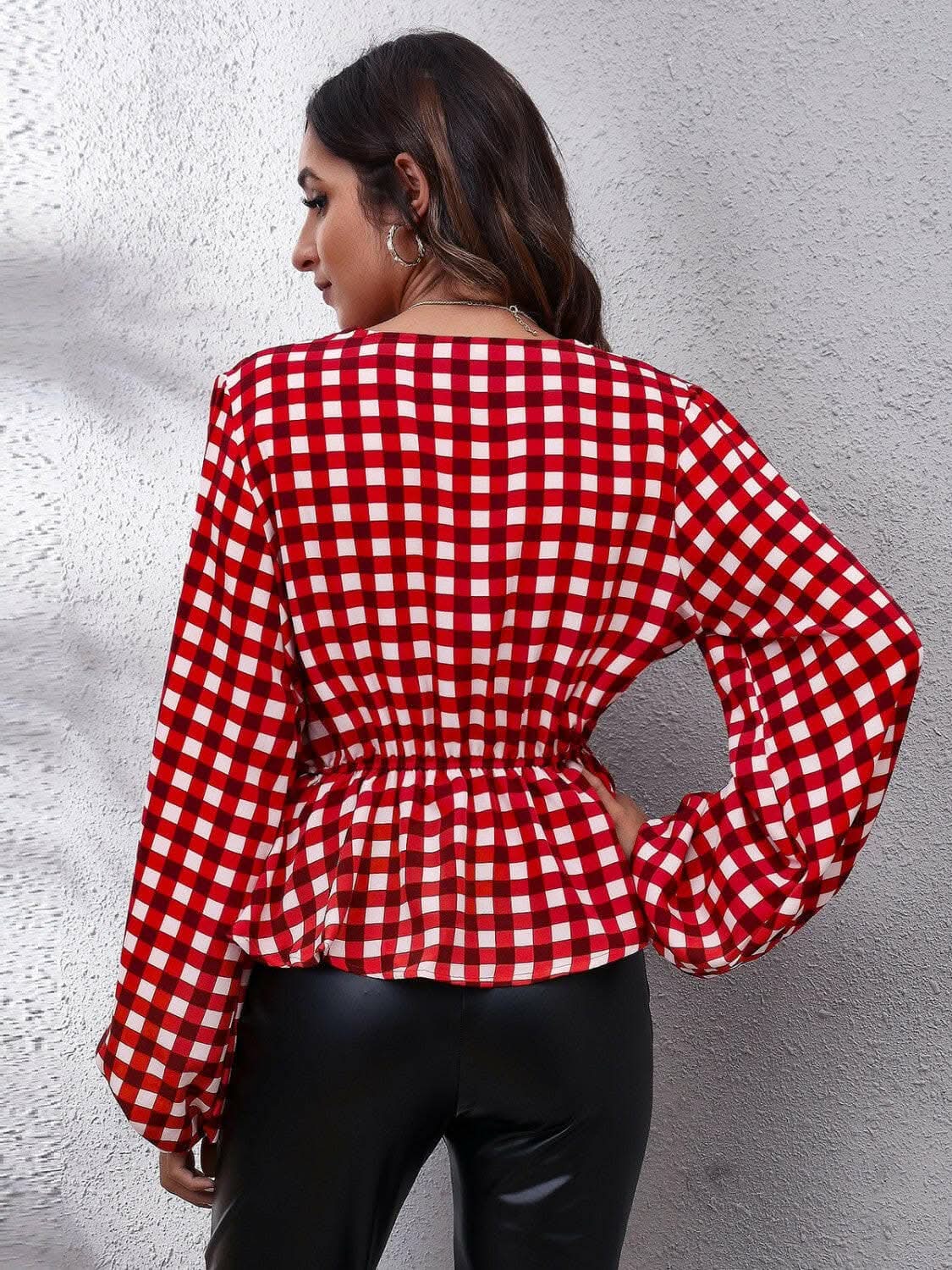 Blouse - Plaid V-Neck - Peplum Style