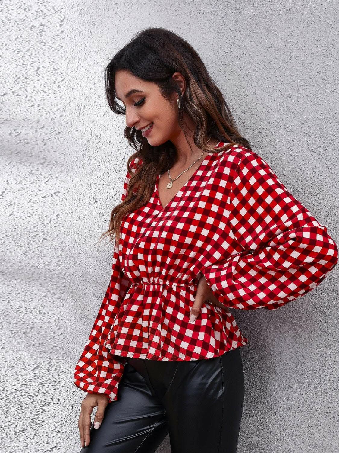 Blouse - Plaid V-Neck - Peplum Style