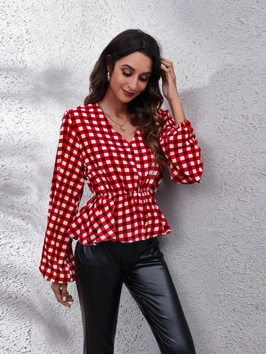 Blouse - Plaid V-Neck - Peplum Style