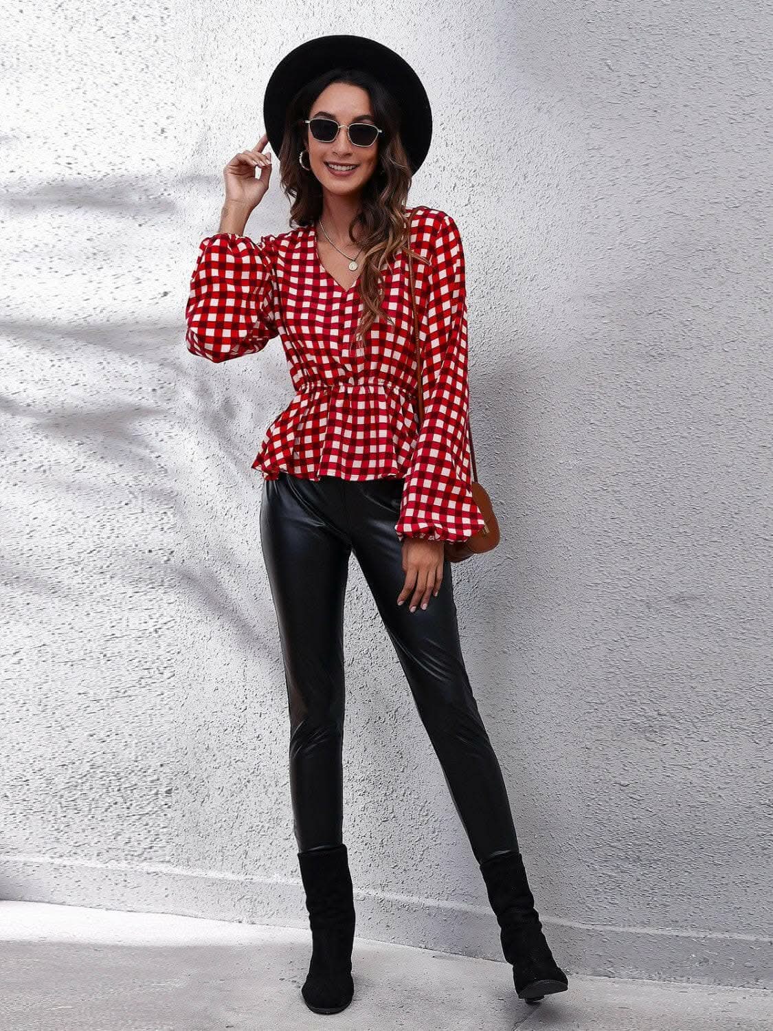 Blouse - Plaid V-Neck - Peplum Style