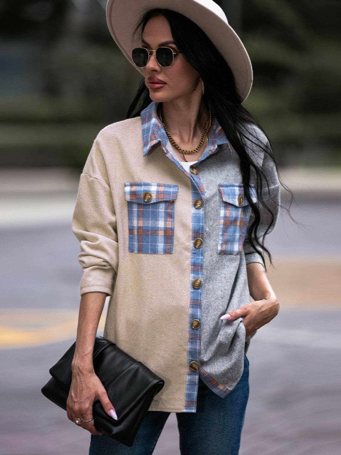 Trendsi Plaid drop shoulder oversized shacket