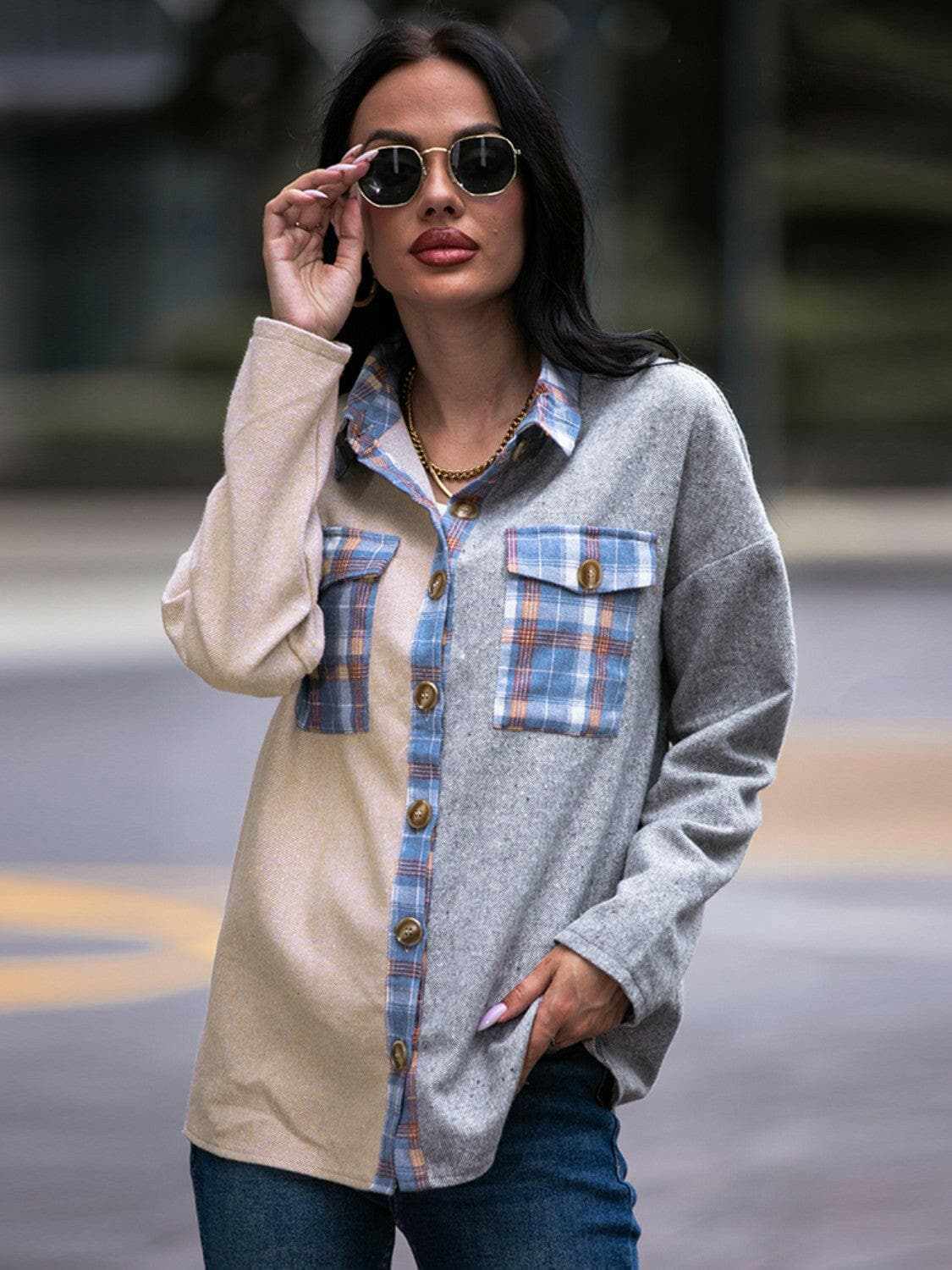 Trendsi Plaid drop shoulder oversized shacket